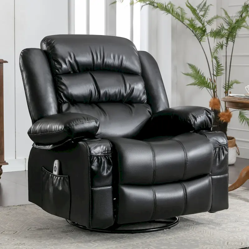 PU Swivel Rocker Massage Recliner Chair with USB Charge Port, 2 Cup Holders and Side Pocket