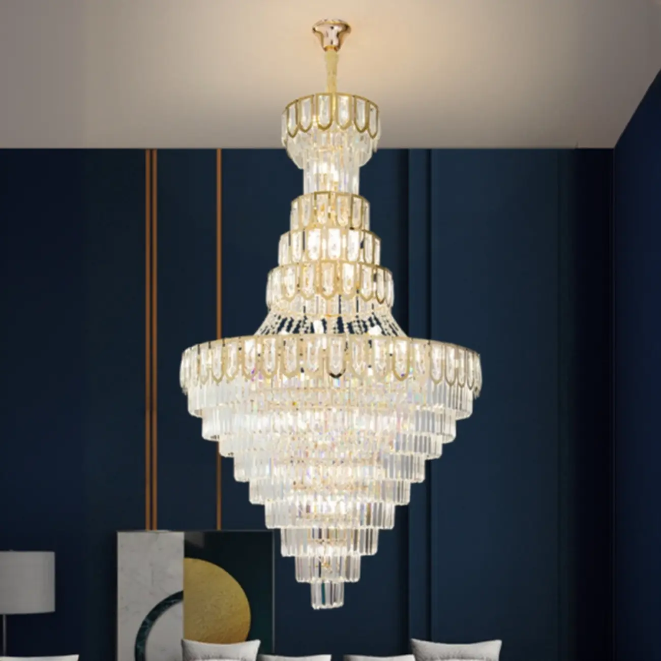 Luxury Adjustable Gold Tiered Crystal High Ceiling Chandelier