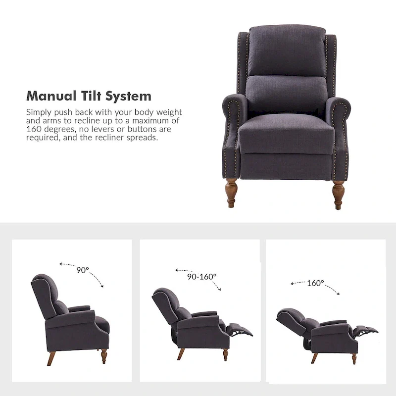 Traditional Roll Arm Manual Recliner with Solid Wood Legs