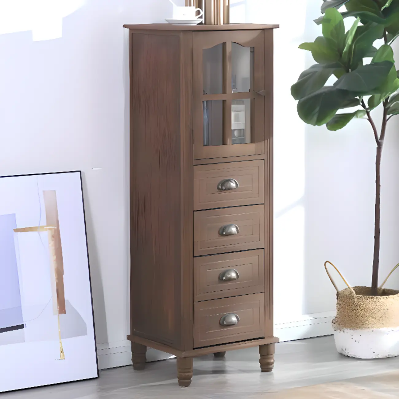 Freestanding Solid Wood White Cabinet with Drawers