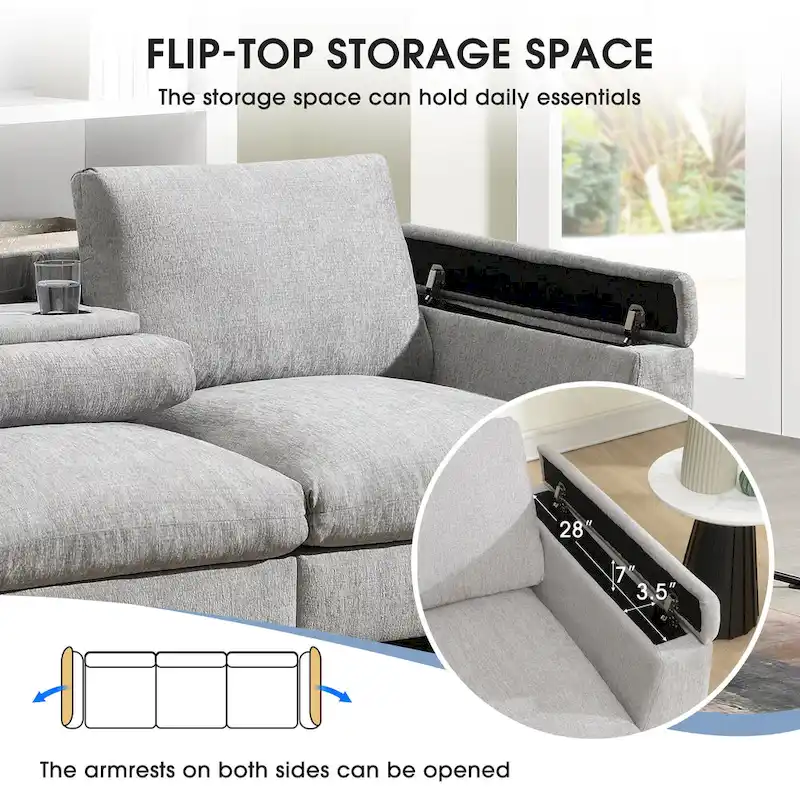 96 Chenille Smart Sectional Sofa with Bluetooth Speaker, Drop-Down Table & USB Charger and 3-Seater Cloud Couch