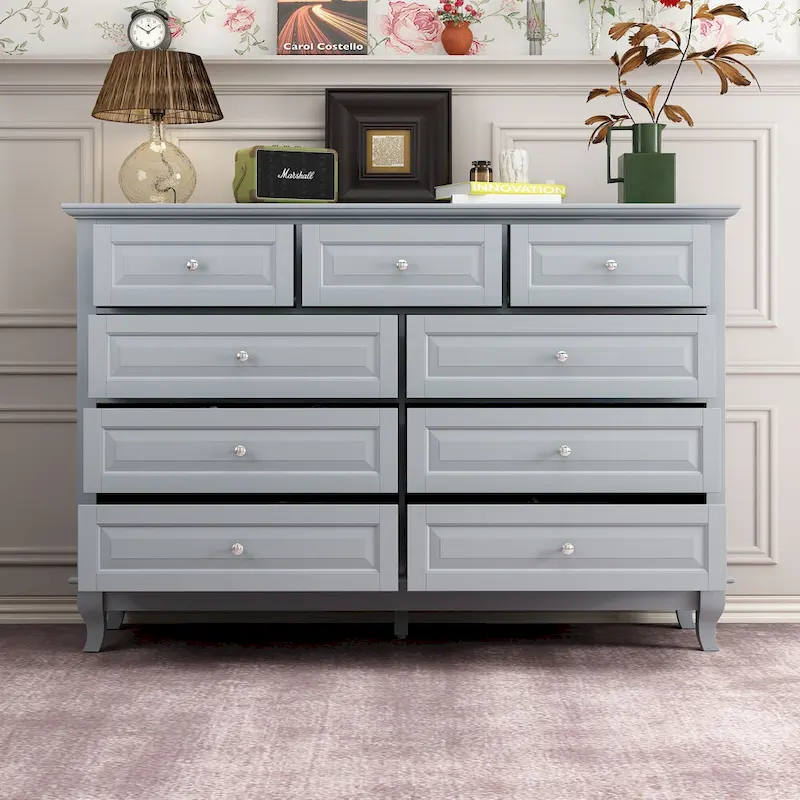 9-Drawer Dresser with Solid Wood Legs Chest Of Drawers Lacquer Console