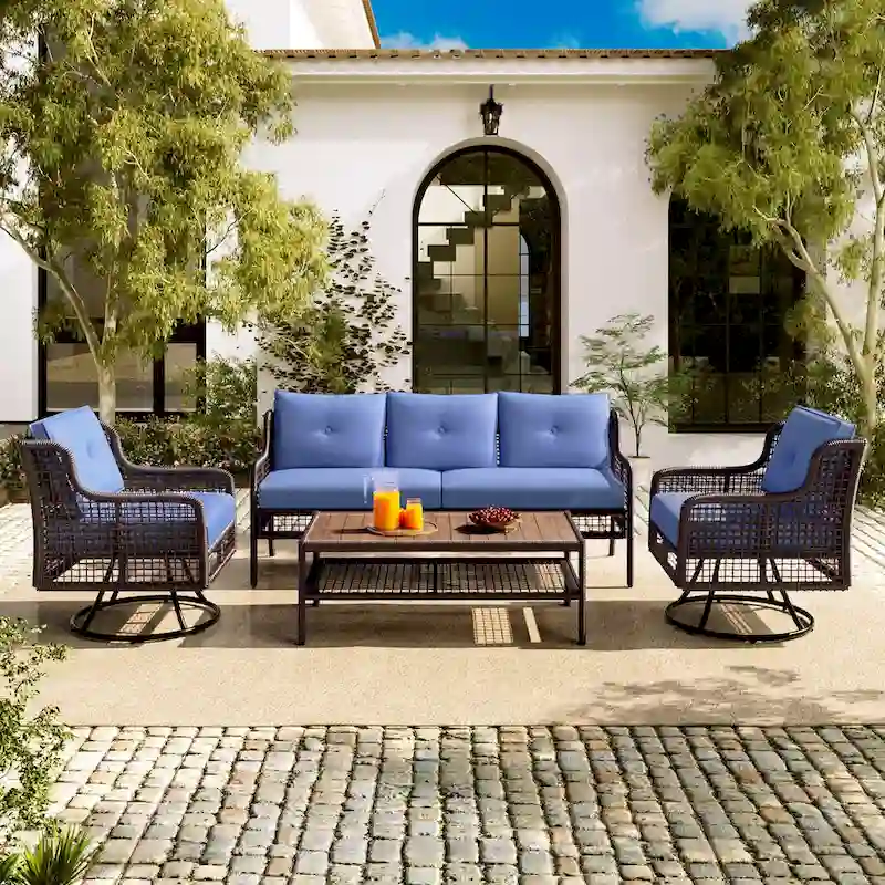 4-Piece Rattan Conversation Sofa Set with Swivel Chairs & Table