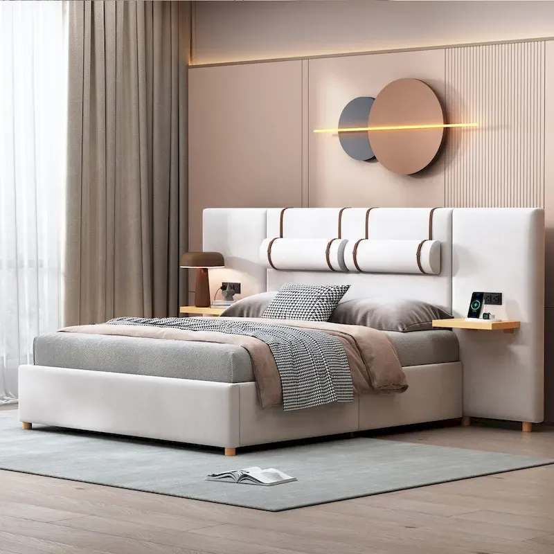 Queen Size Velvet Upholstered Platform Bed,Two Outlets and USB Charging Ports on Both Sides,Two Bedside Pillows,Storage Shelves