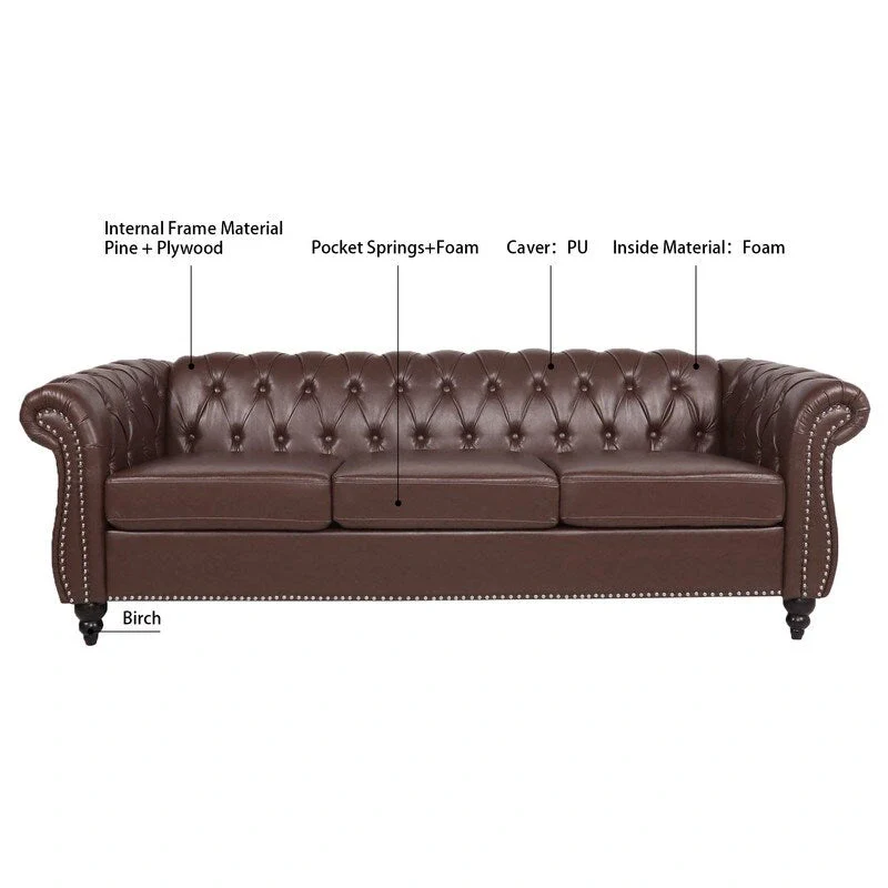 GEITIN 84.65 PU Rolled Arm Chesterfield 3 Seater Sofa