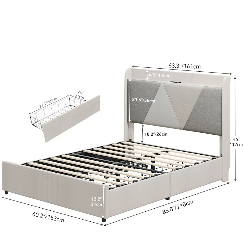 Wingback Bed Frame, Beige/Grey, 4 Storage Drawers, USB Ports, Queen/King, Seats 2
