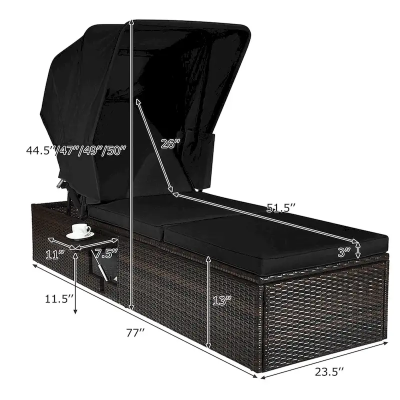 Gymax Rattan Patio Chaise Lounge Chair W/ Adjustable Canopy Black