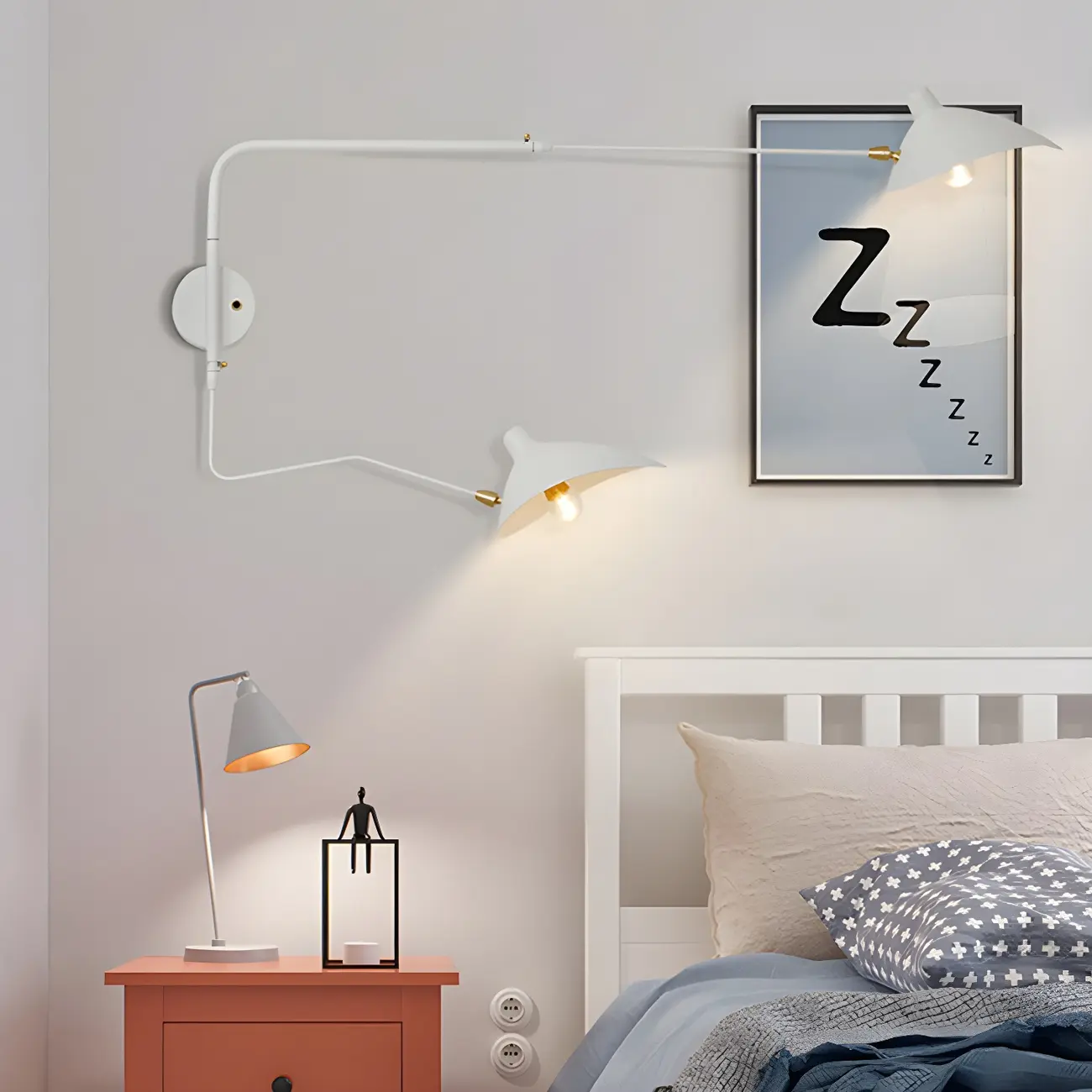 Modern 2-Light White Dual-Arm Swing Arm Wall Light