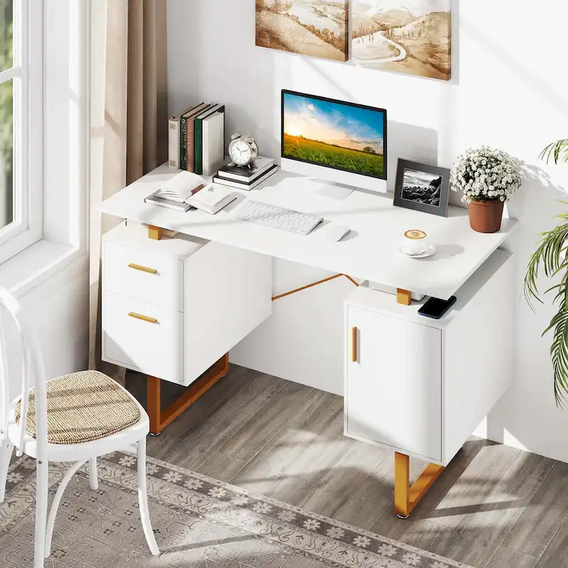 Costway 51  Home Office Desk with Floating Desktop Dual Drawers