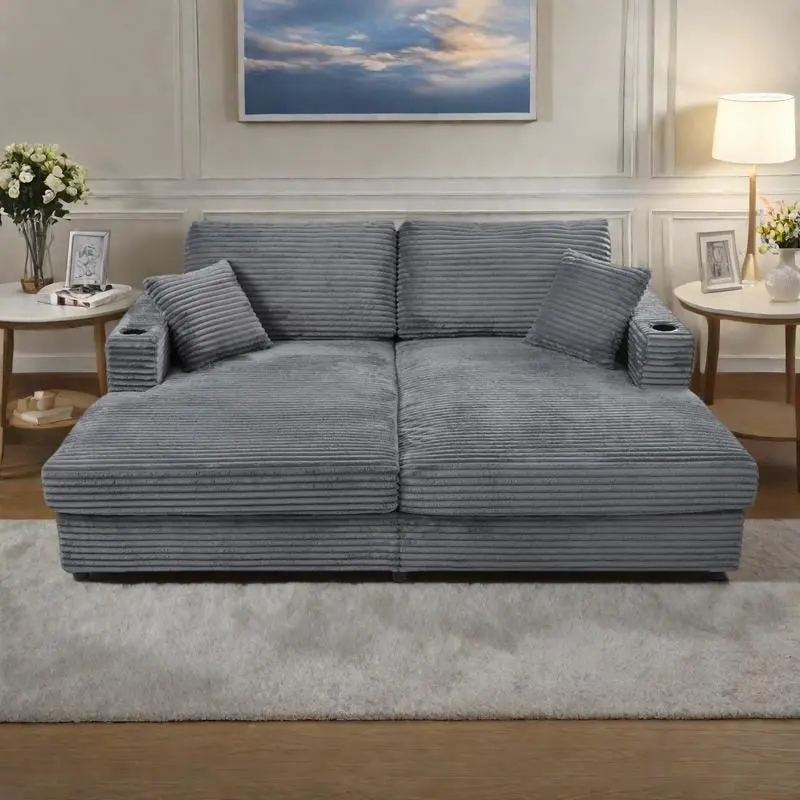 86.5 Corduroy Chaise Lounge Sofa Bed with USB Ports, Cup Holders and 8 Thick Cushions