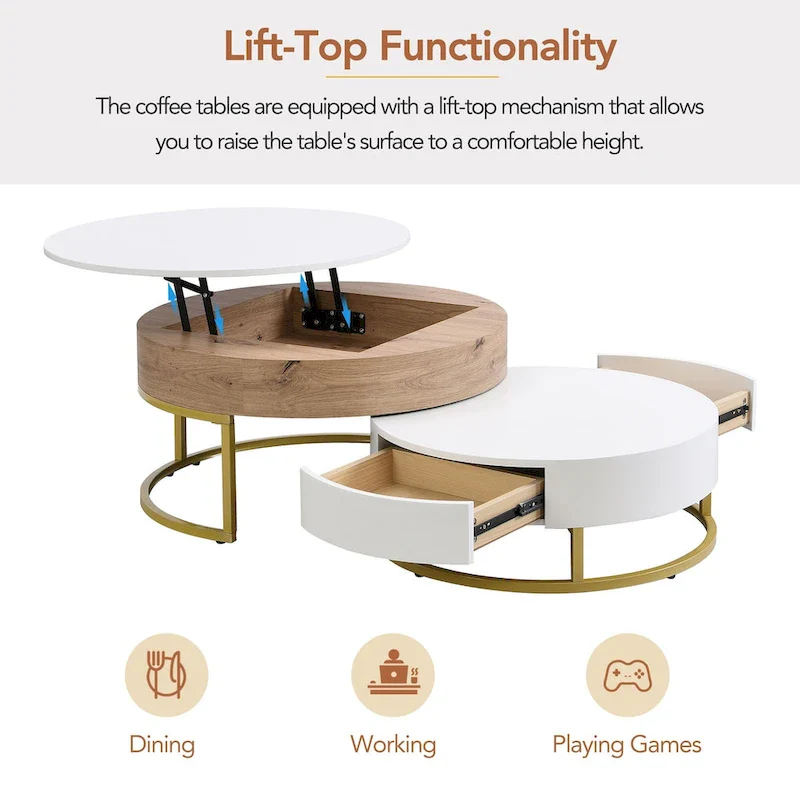 Modern Round Lift-Top Nesting Coffee Tables with 2 Drawers, Hydraulic Mechanism, MDF, White & Black