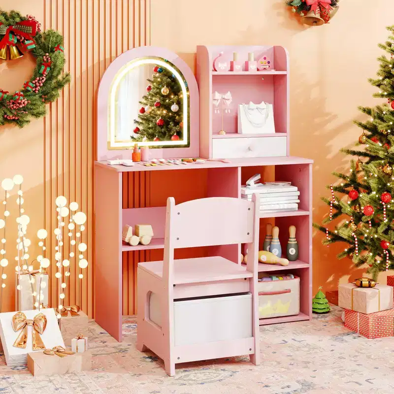 Costway Kids Vanity Set Princess Girls Makeup Vanity Desk w/ 3-Color LED Lighted Mirror Pink