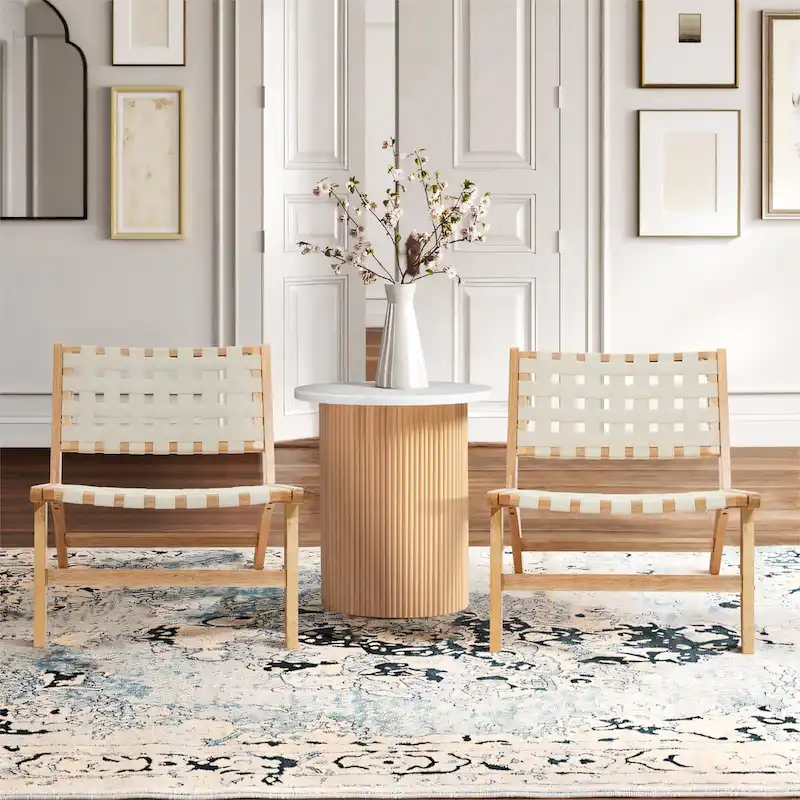 Natural Rubberwood with White PU Leather Low Profile Armless Accent Chair, Set of 2 - 28.5 H x 26.3 W x 26.5 D