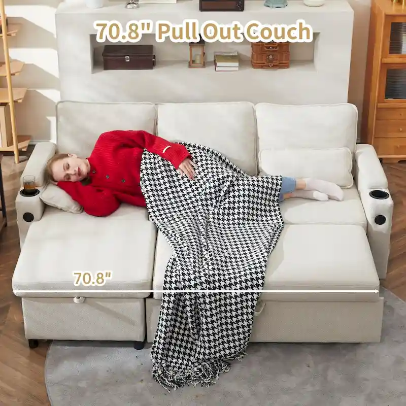 80 L-Shaped Sofa Couch Bed, Sofa Sleeper with Pull Out Bed, Reversible Sleeper Sofa Bed