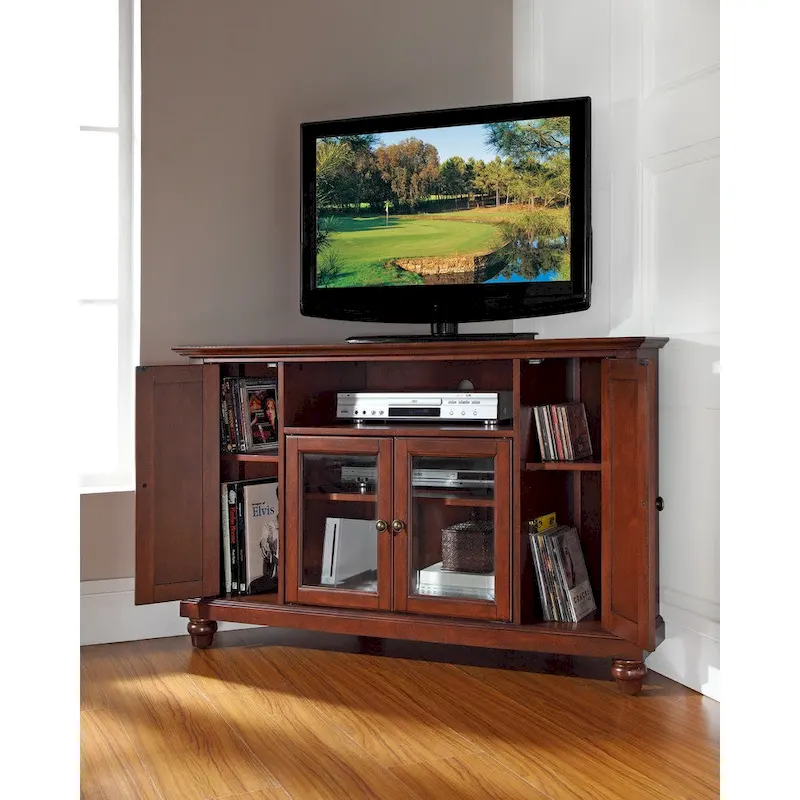 Crosley Cambridge Wooden 48-inch Corner TV Stand in Vintage Mahogany Finish