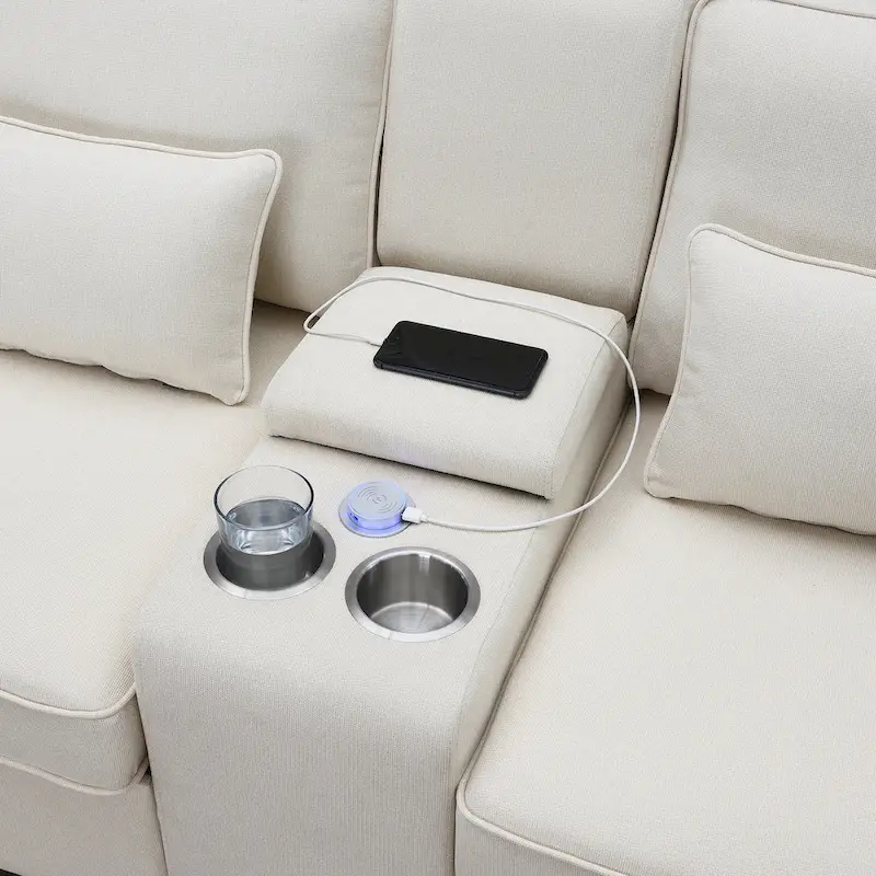 Modern Linen Fabric Upholstered Sofa with Console, 4Pillows,Cupholders,USB