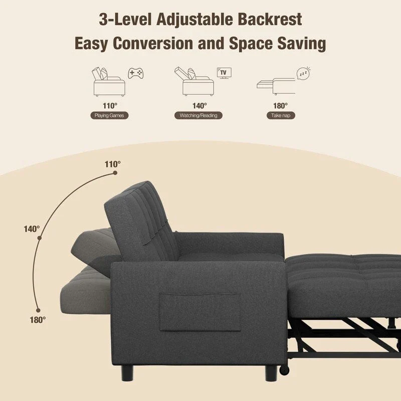 3-in-1 Convertible Sleeper Sofa Loveseat with Pullout Bed and Adjustable Backrest