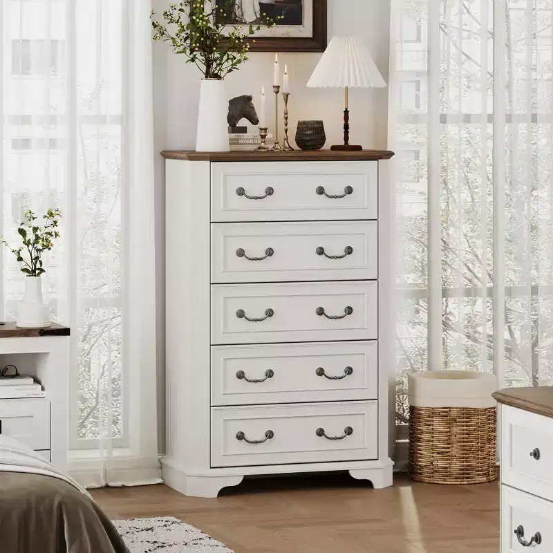 5-Drawer Dresser, Vintage Farmhouse Style, Antique White / Dark Brown / Dark Rustic Oak / Distressed White / Light Rustic Oak, 1-Person