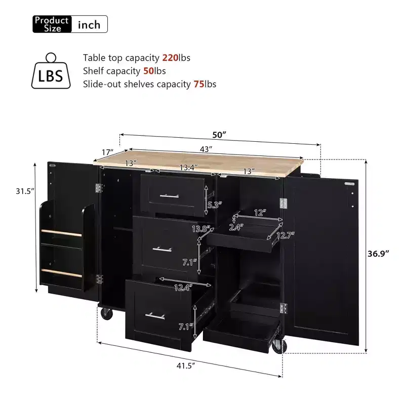 MAYEERTY Black Rolling Kitchen Island with Rubber Wood Top, 3 Drawers 2 Slide-Out Shelves Spice Rack Tower Rack