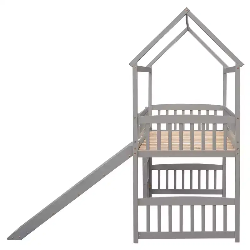 Twin House Loft Bed with Slide, Wood Playhouse Loft Bed Frame with Ladder and Roof