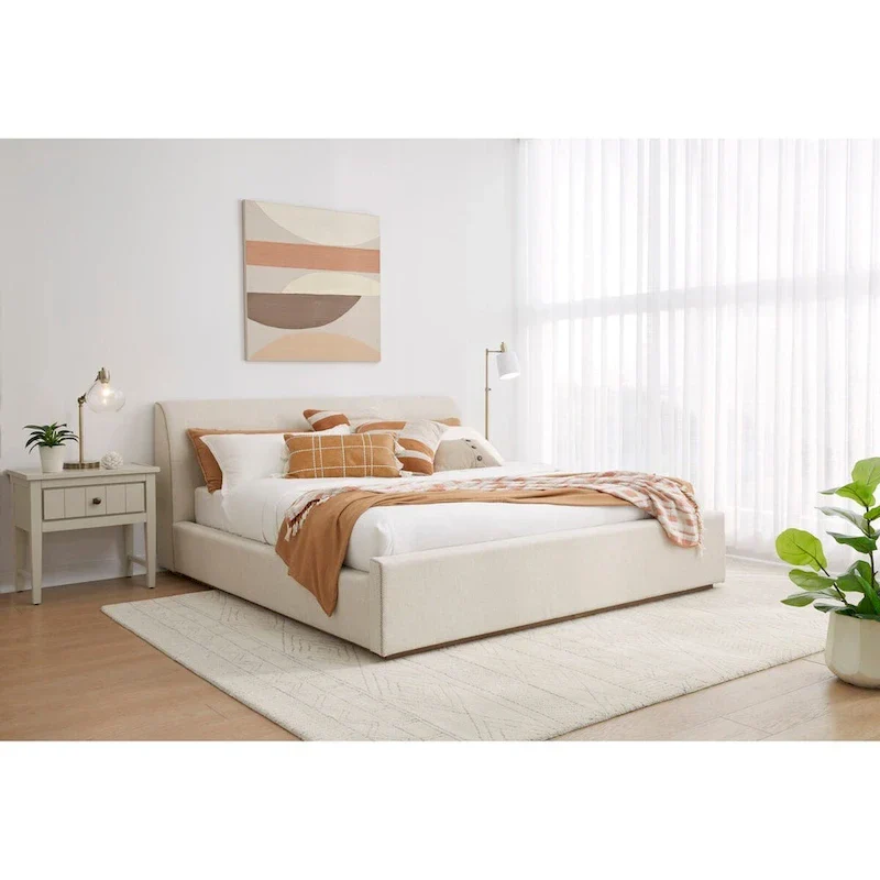 Upholstered Platform Bed in Natural Linen