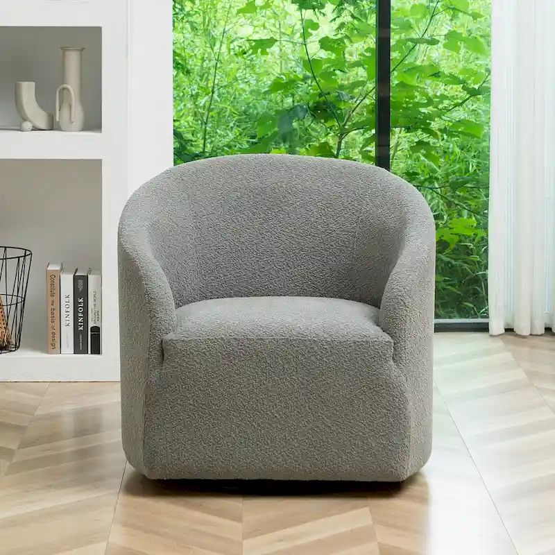 KINWELL 32W Boucle Upholstered Swivel Barrel Accent Armchair