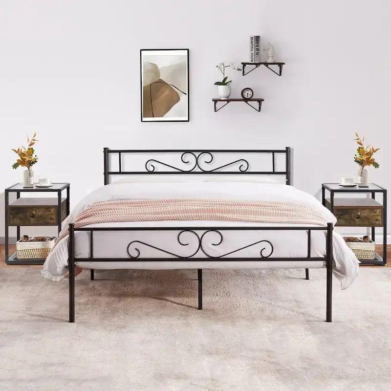 3-pieces Platform Bed Frame and Glass Top Nightstands Set of 2