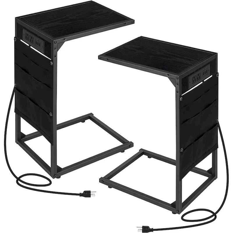 C Shaped End Table with Charging Station, Set of 2