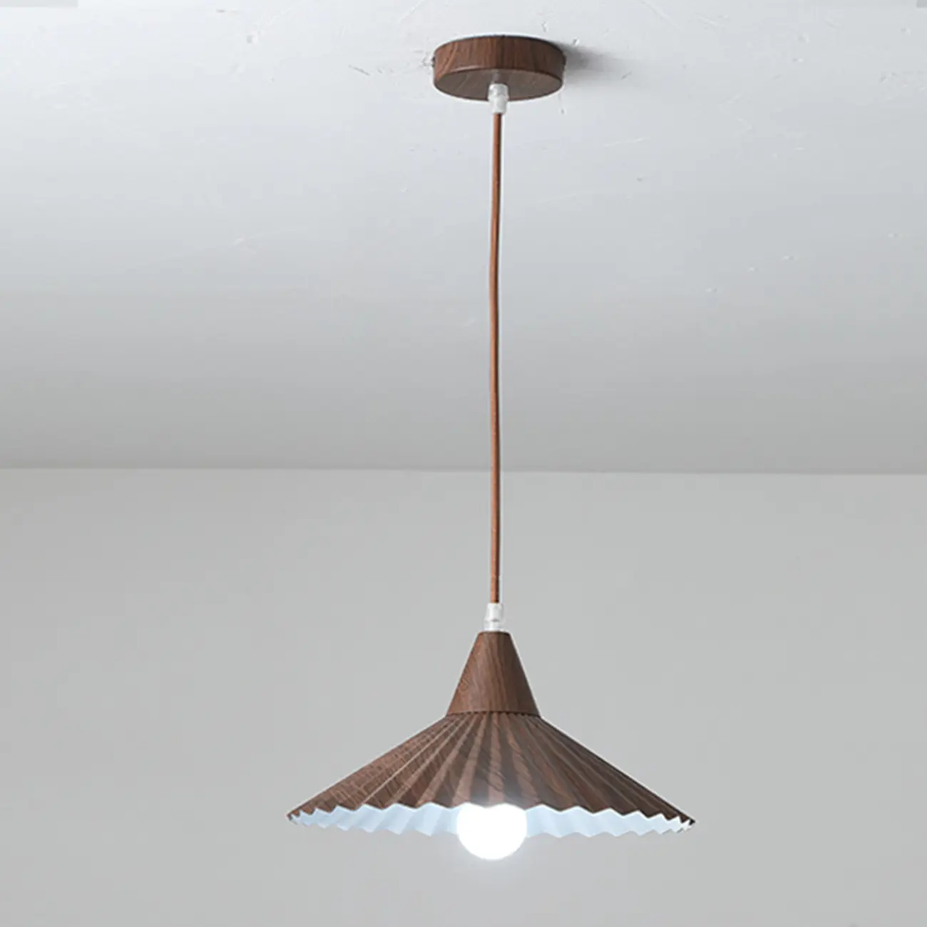 Modern Walnut Pleated Cone Pendant Light