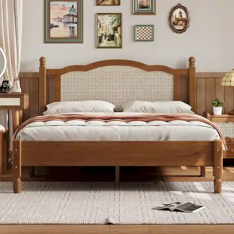 Wooden Platform Bed with Natural Rattan Headboard