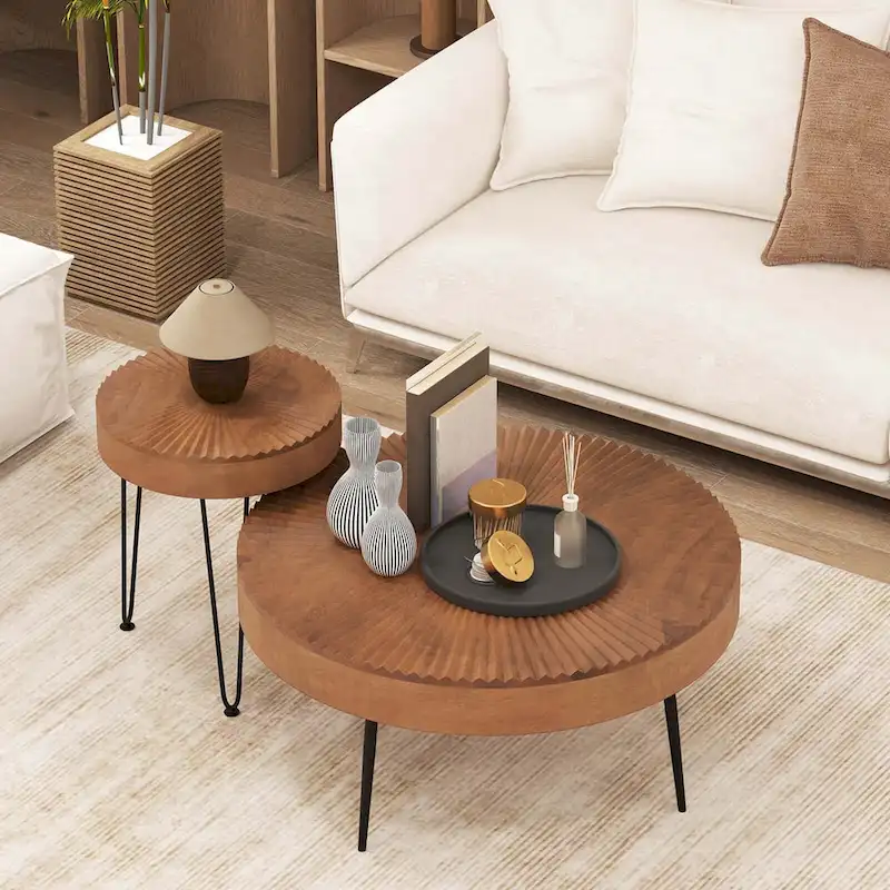 Costway Farmhouse Round CoffeeTable Set of 2 End Table Natural Finish - See Details