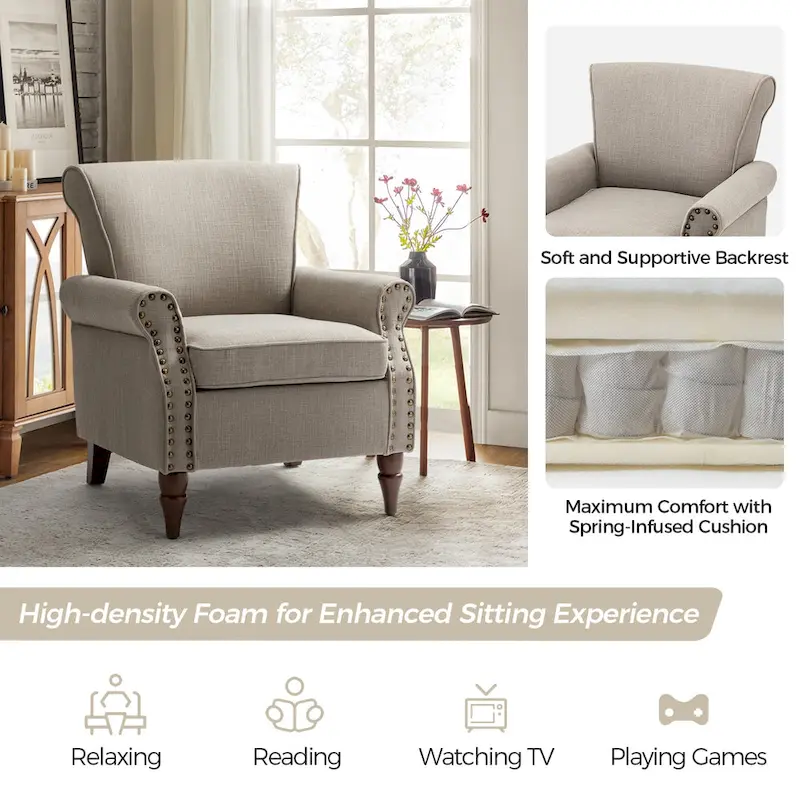 Nyctelius Upholstered Comfy Accent chair with Turned Wooden Legs and Nailhead Trim Set of 2 by HULALA HOME