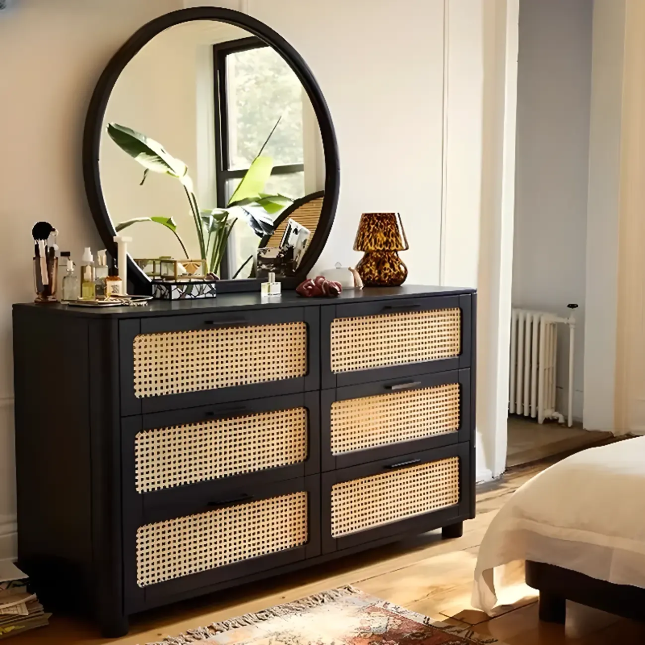 Modern Black Wooden Dresser with Mirror Vanity for Restroom