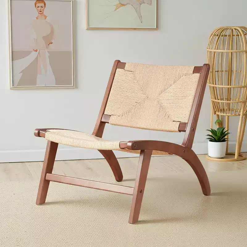 MAYEERTY Modern Boho Accent Chair - Scandinavian Beech Wood, Braided Jute Woven Seat & Back (Light Amber-Beige)