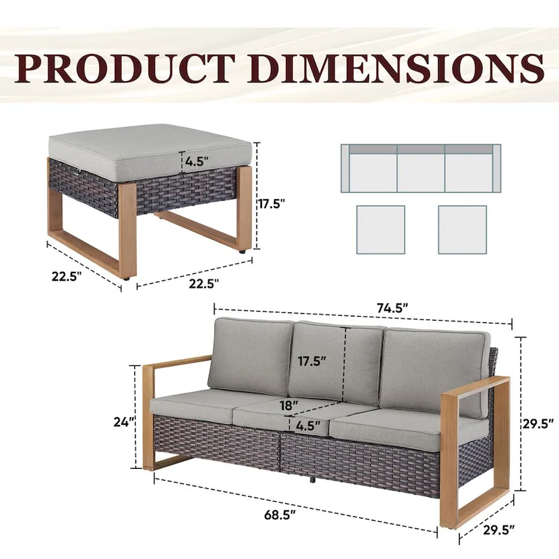 Gymojoy PE Rattan Sofa Deep Seating Sofa with Ottoman - Brown