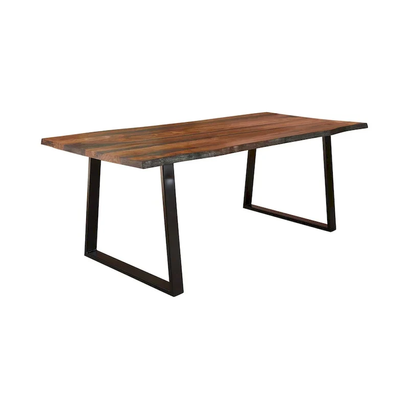Maze 80 Inch Rectangular Dining Table, Live Edge, Iron Base, Chestnut Brown