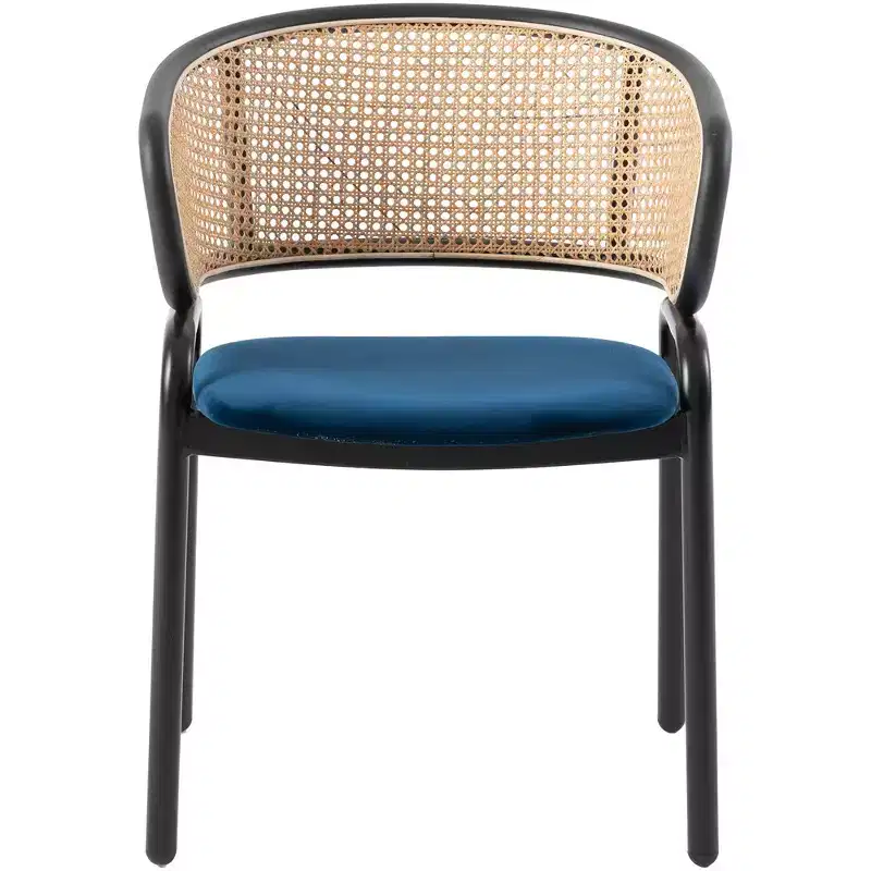 Velvet Upholstered Dining Chair with Woven Rattan Back, Set of 2