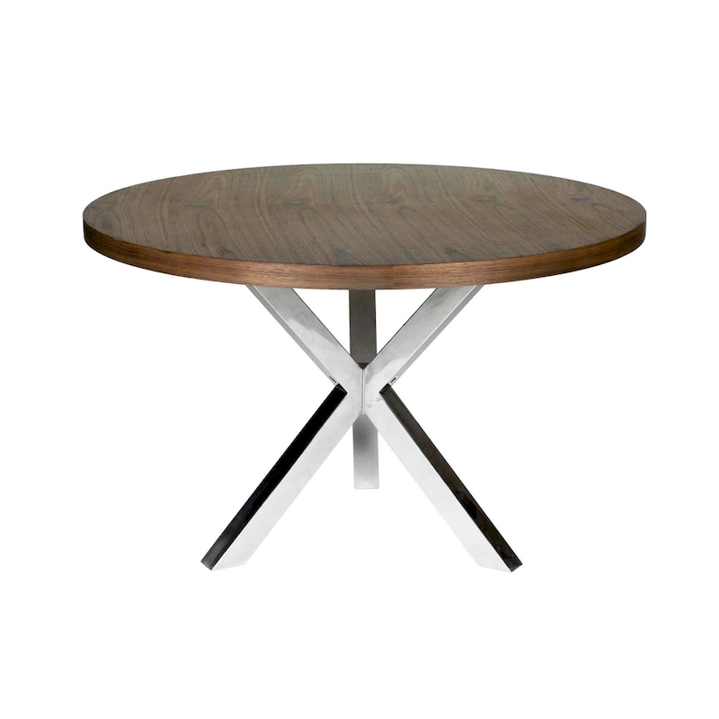 Emi 47 Inch Round Dining Table, X- Cross Brushed Steel, Walnut Brown Wood