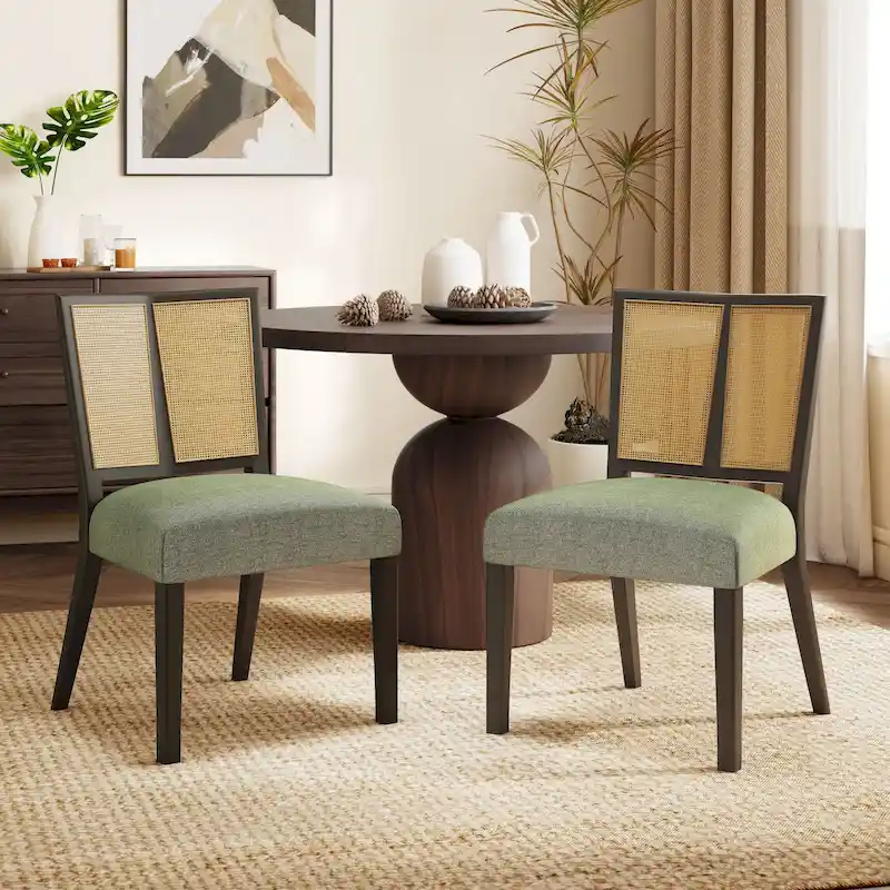 Mid-Century Rattan Back Upholstered Dining Chair Set of 2