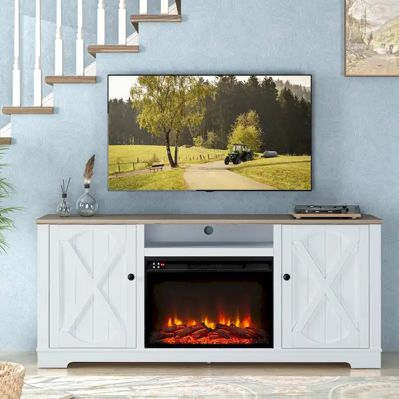 70 Farmhouse TV Stand with Fireplace, Fits up to 75 TV - 70W x 30H x 14.5D
