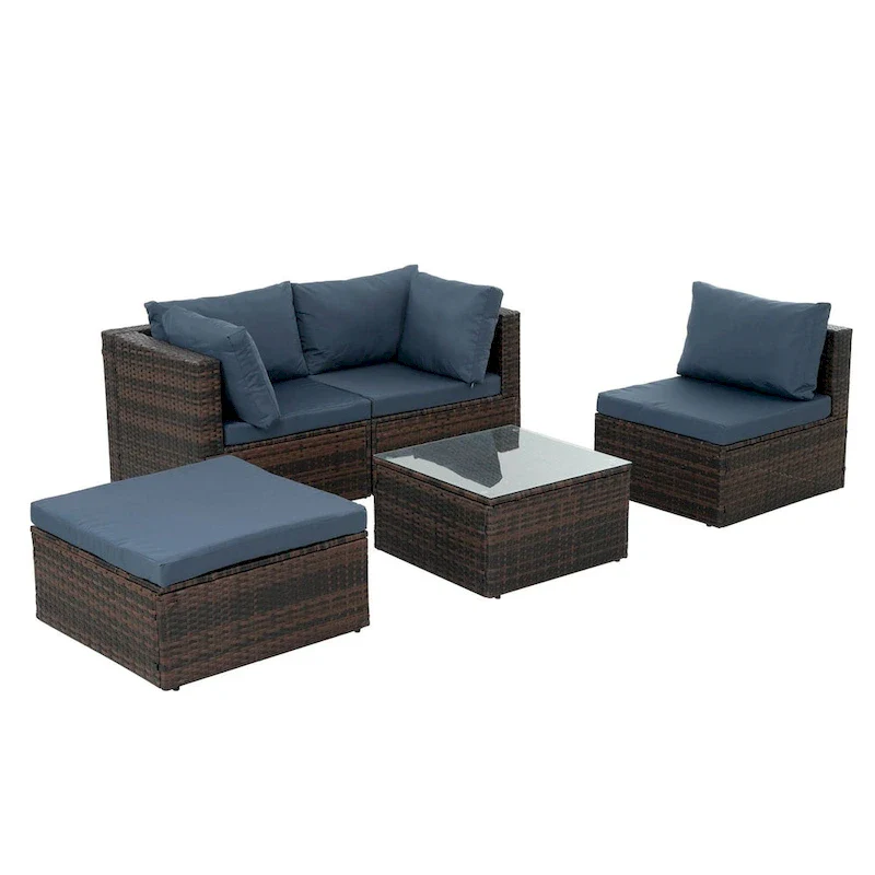 5-Piece PE Rattan Wicker Patio Conversation Set with Cushions