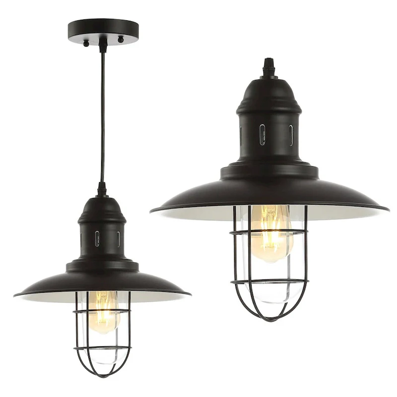 Deere 12  Adjustable Iron/Glass Cage Light LED Kitchen Pendant, Black by JONATHAN Y