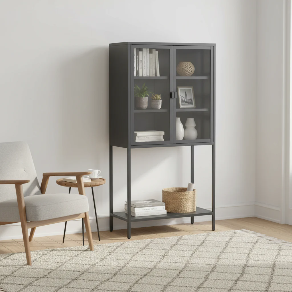 Storage CabinetAdjustable Shelves,Adjustable FeetGlass Doors and Shelves