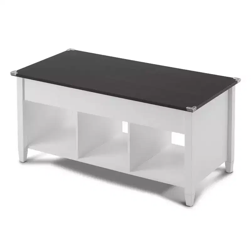 Adjustable Solid Wood Leg Double-Layer White Frame, Light Brown Panel with Wood Grain Finish, Rectangular P2 Board Coffee Table