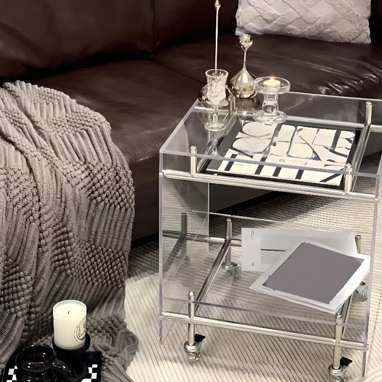 Stylish Clear Acrylic 360° Rolling Cubic Side Table