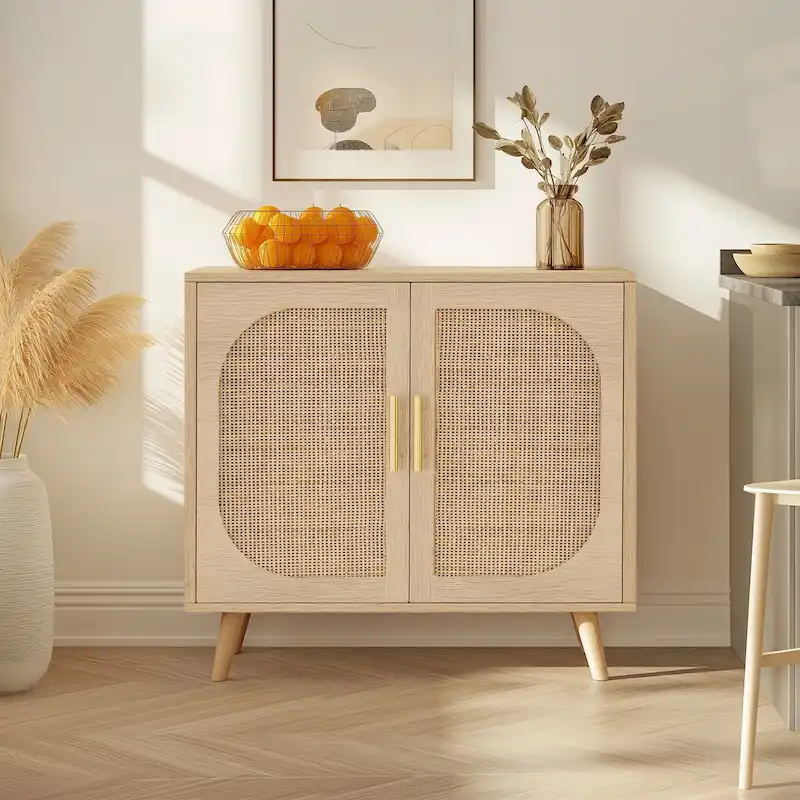 Natural Rattan 2-Door Storage Cabinet with Wood Feet