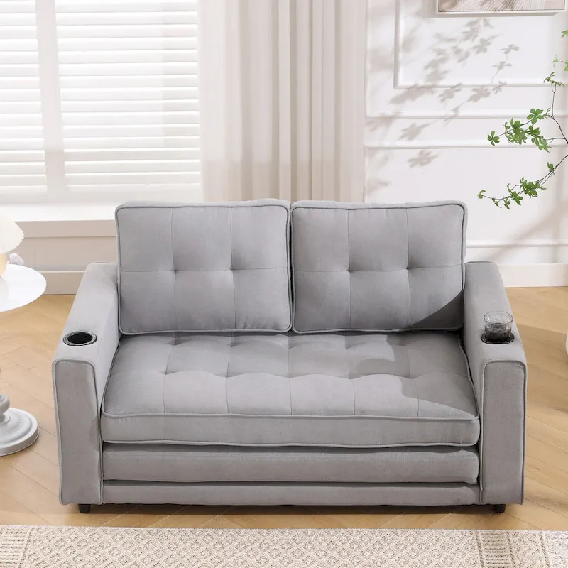 Oaks Aura Upholstered Futon Sofa with Pull-Out Sleeper Couch, Muticolour Choice Foldable Tufted Loveseat With Cup Holder