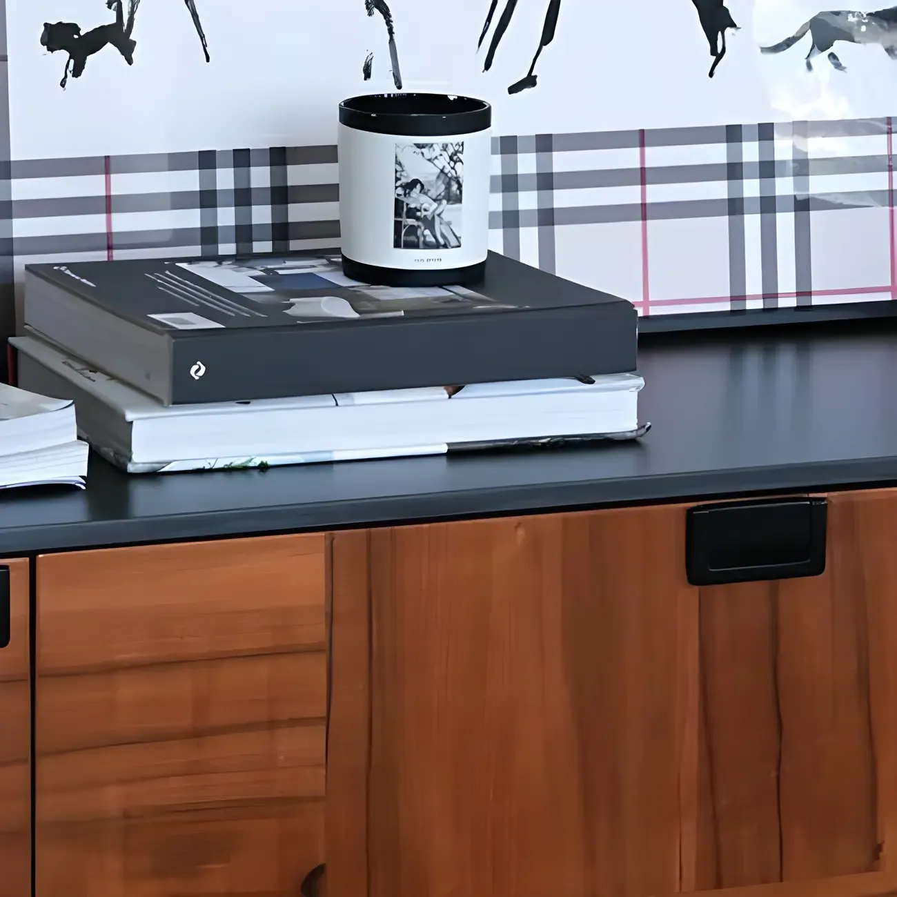 Brown Wooden Sideboard Cabinets with Stone Countertop
