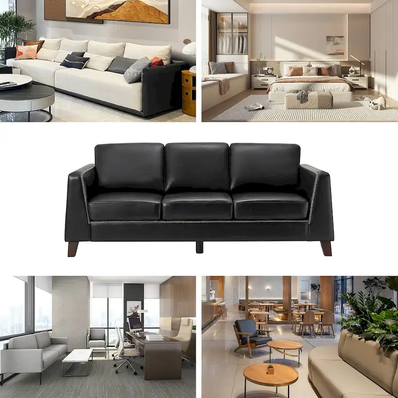 Rita 81.5 Genuine Leather Tuxedo Arm Sofa Couch With Solid Wood Legs By HULALA HOME