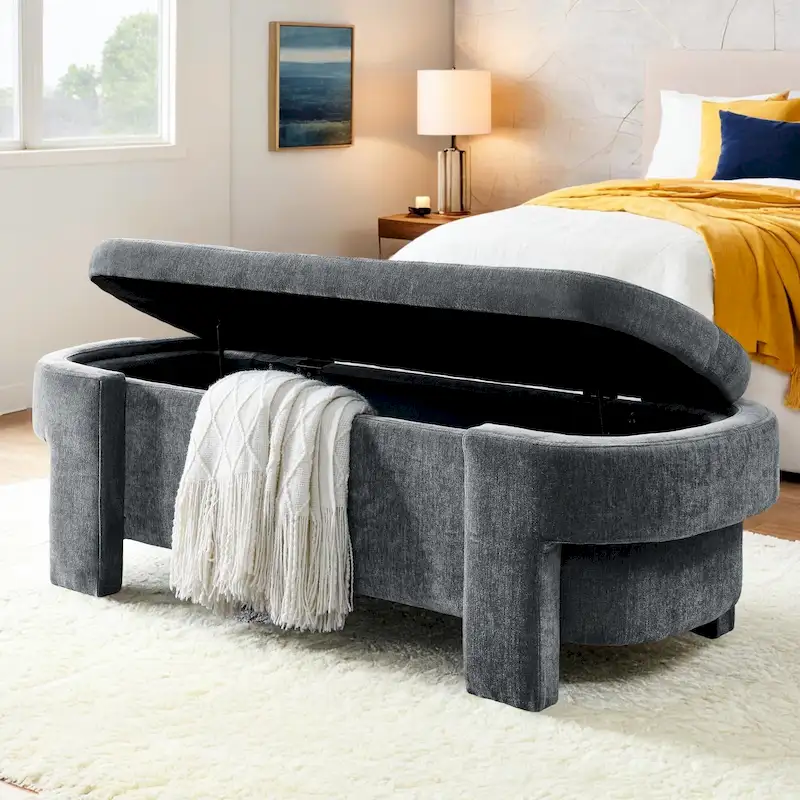 Beige Linen Upholstered Storage Bench with Turned Legs